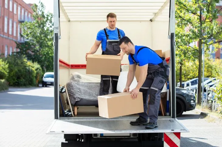 Umzugshelfer mit Transporter vor Haus